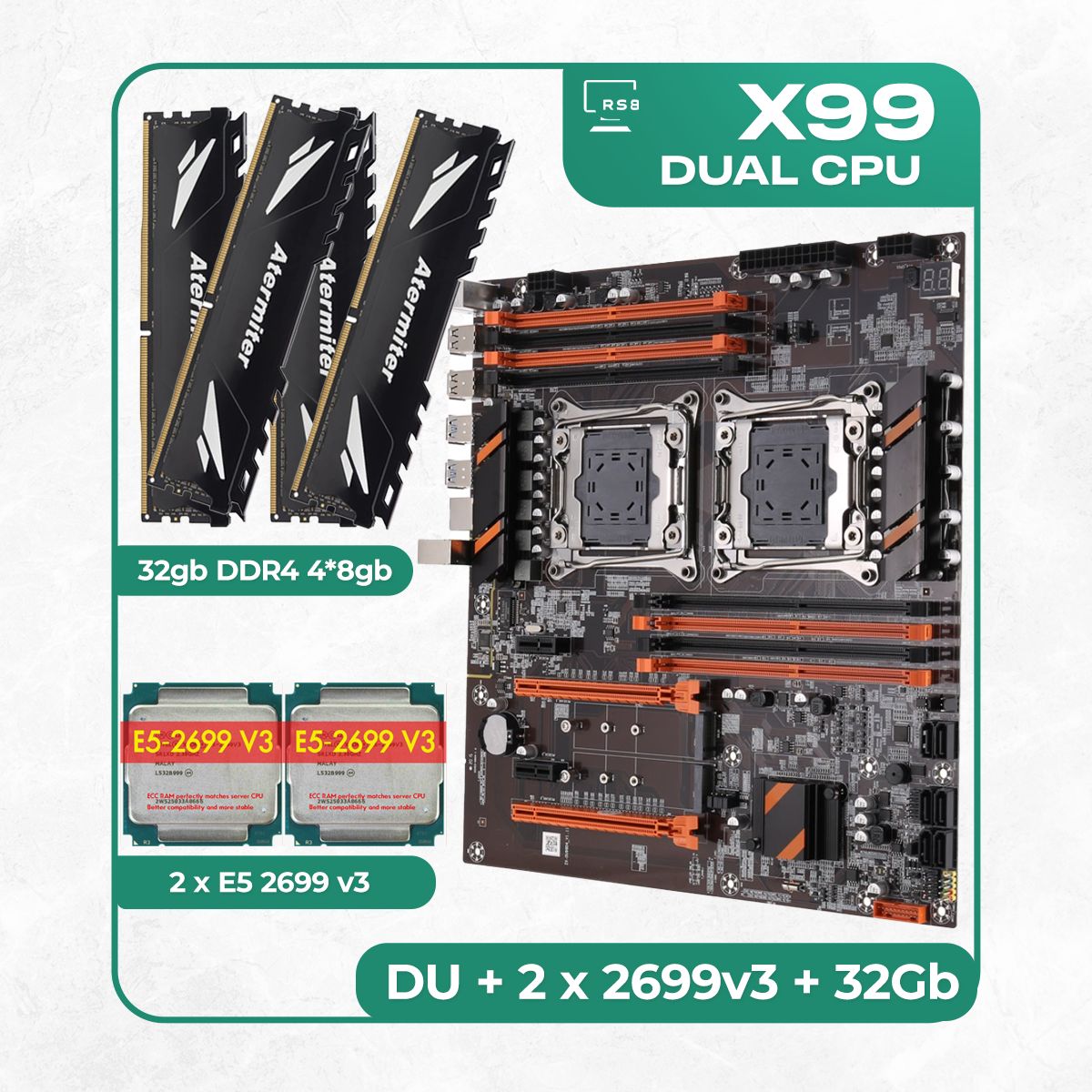 Kllisre Материнская плата Комплект материнской платы X99: ZX-DU99D4 + 2 x Xeon E5 2699v3  + DDR4 32Гб Atermiter 3200Mhz 4х8Гб