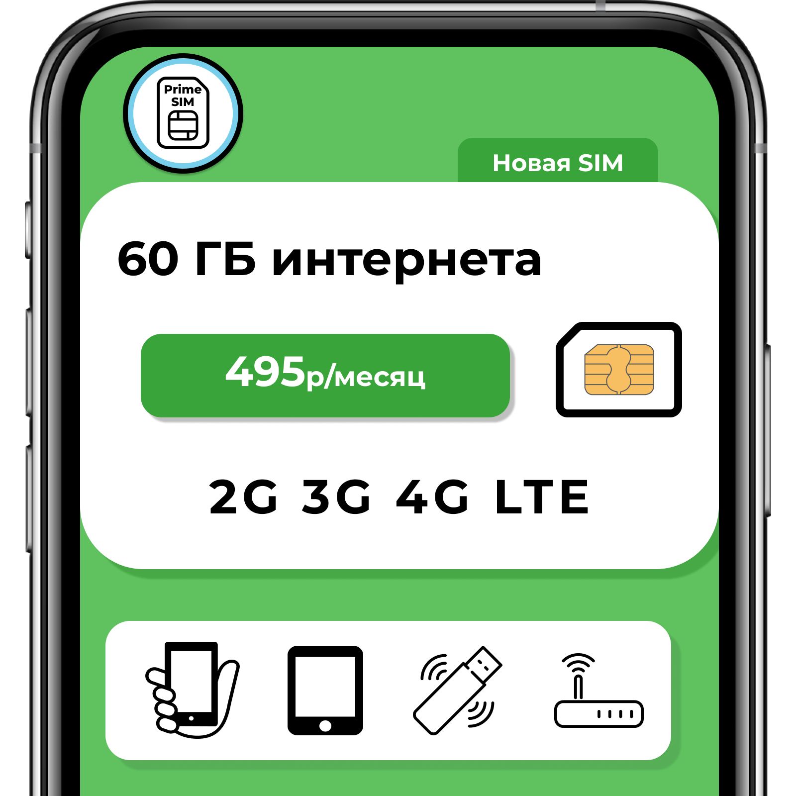 SIM-карта 60ГБ интернет за 495 руб/мес (2G,3G,4G) для смартфона, роутера,  модема (Вся Россия) (Вся Россия) - купить с доставкой по выгодным ценам в  интернет-магазине OZON (1593643522)