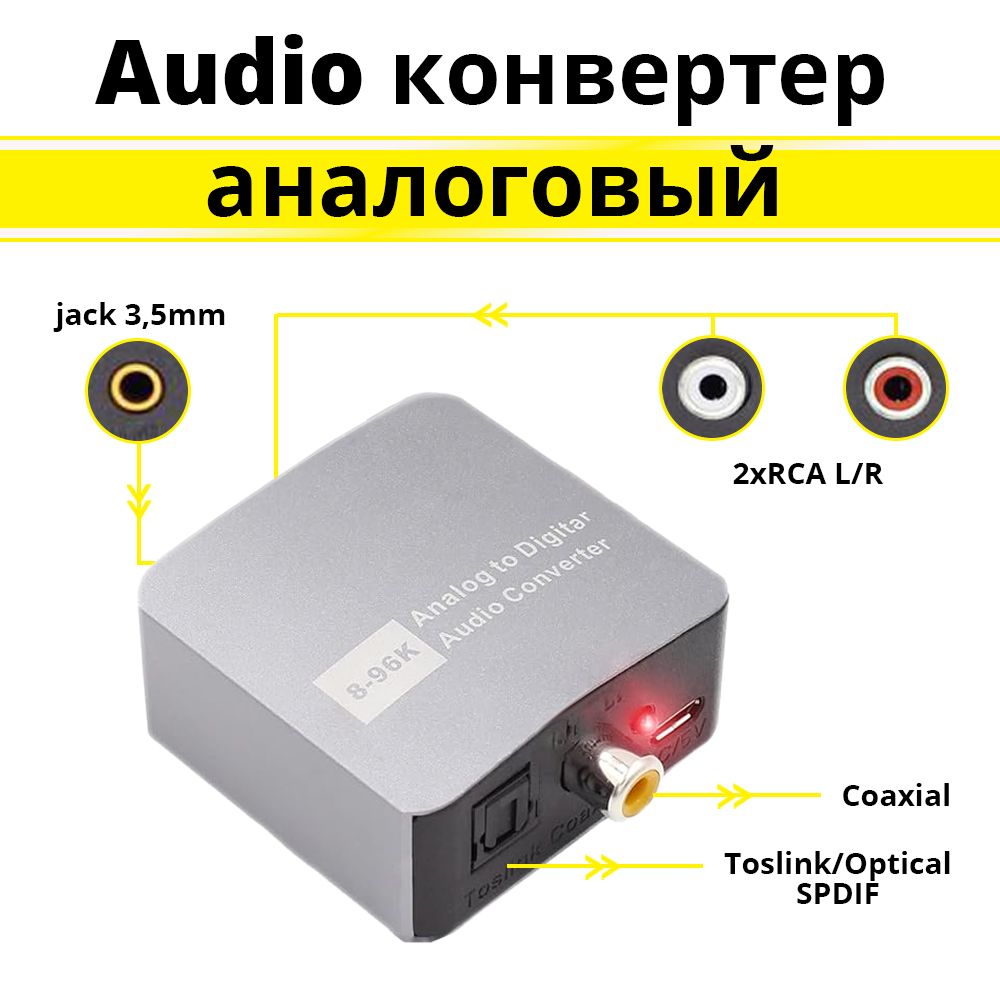 КонвертерAudioаналоговыйRCAL/R+3,5jackнацифровойCoaxial+Toslinkдляаудиосистем