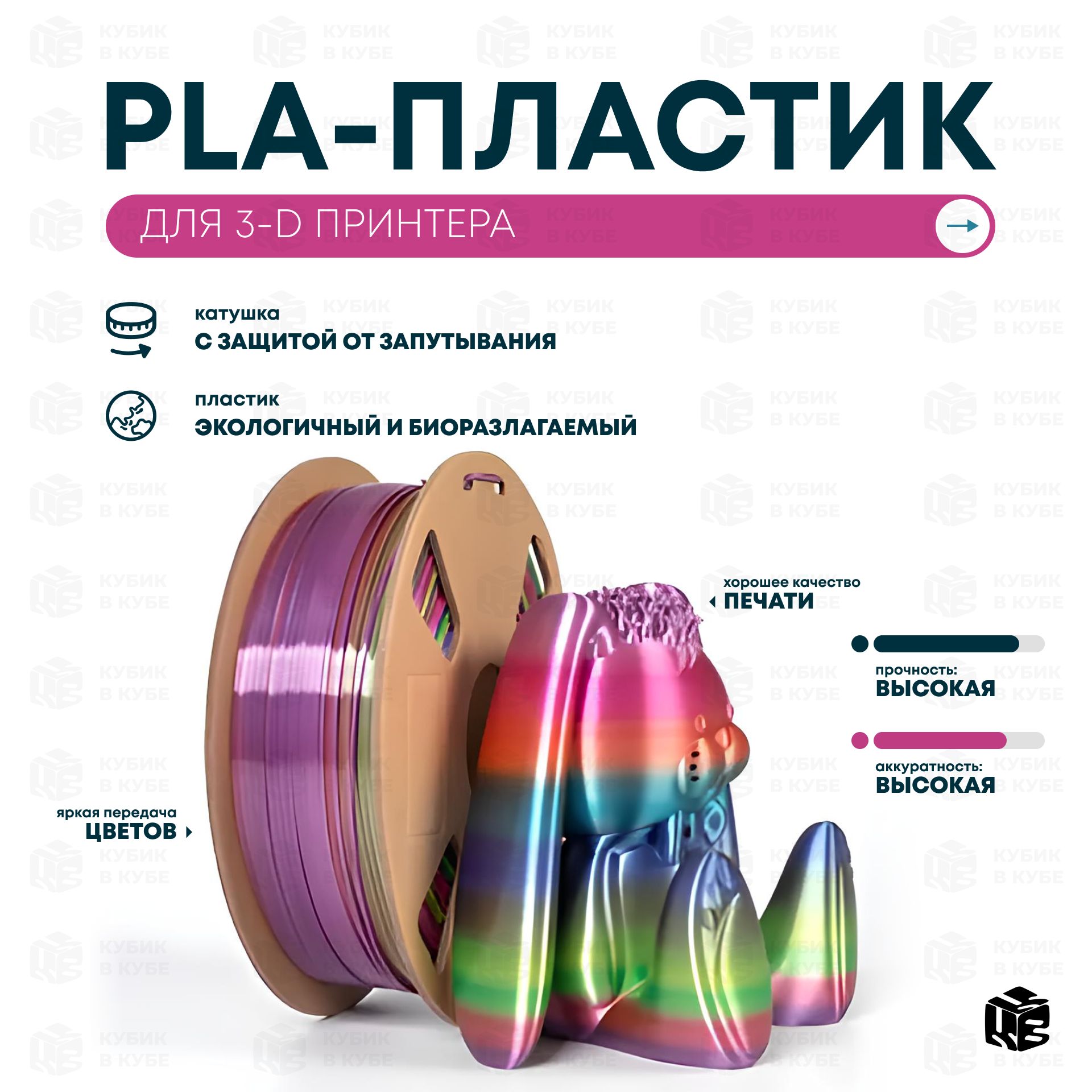 PLAпластик(FilamentПруток)для3DпринтераРадужный(SilkRainbow-R)1KG(1,75мм)