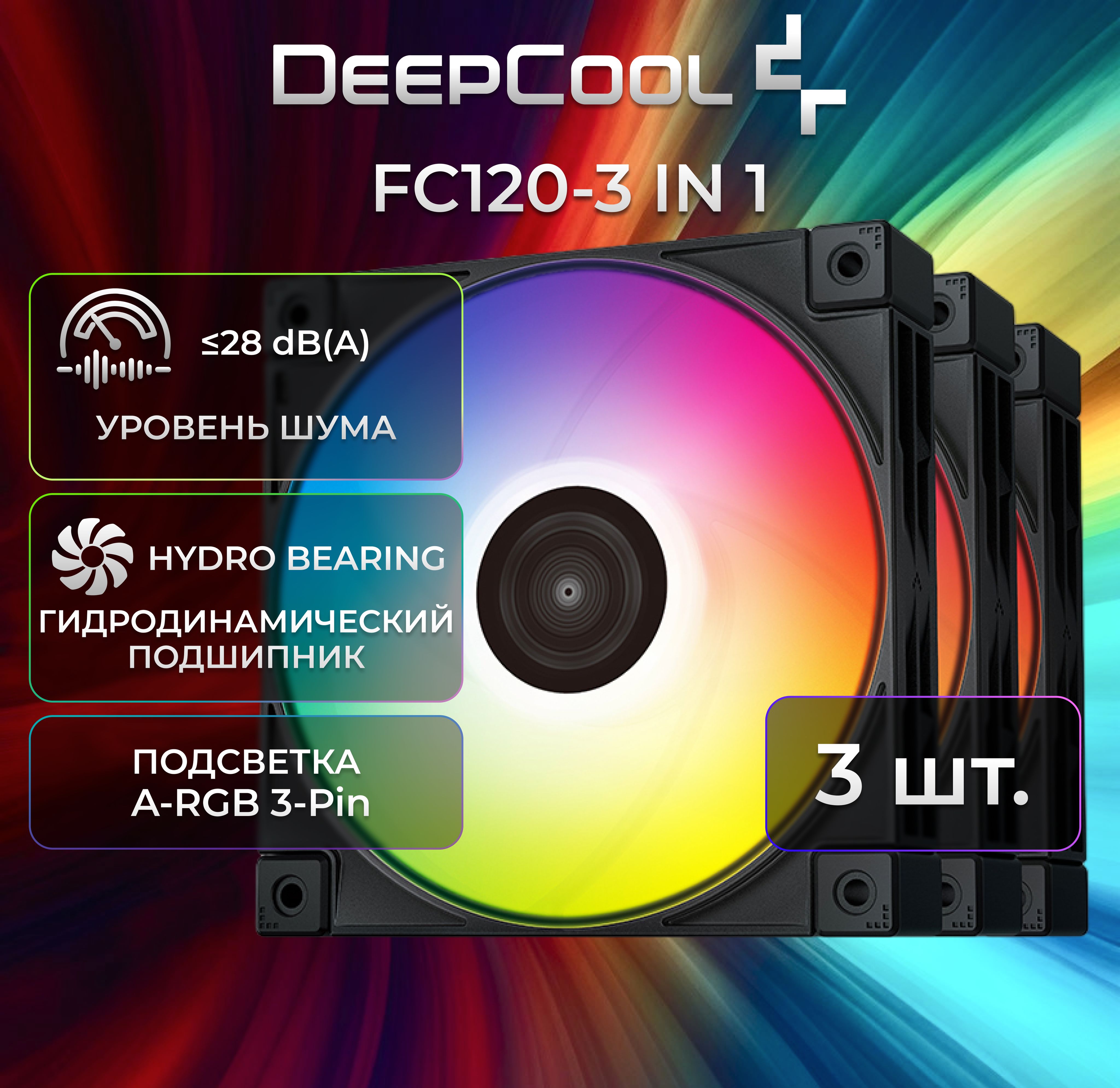 Комплектиз3вентиляторовдлякорпусаDEEPCOOLFC120-3IN1120x120x25мм(PWM,AddresableRGBподсветка,500-1800об/мин)