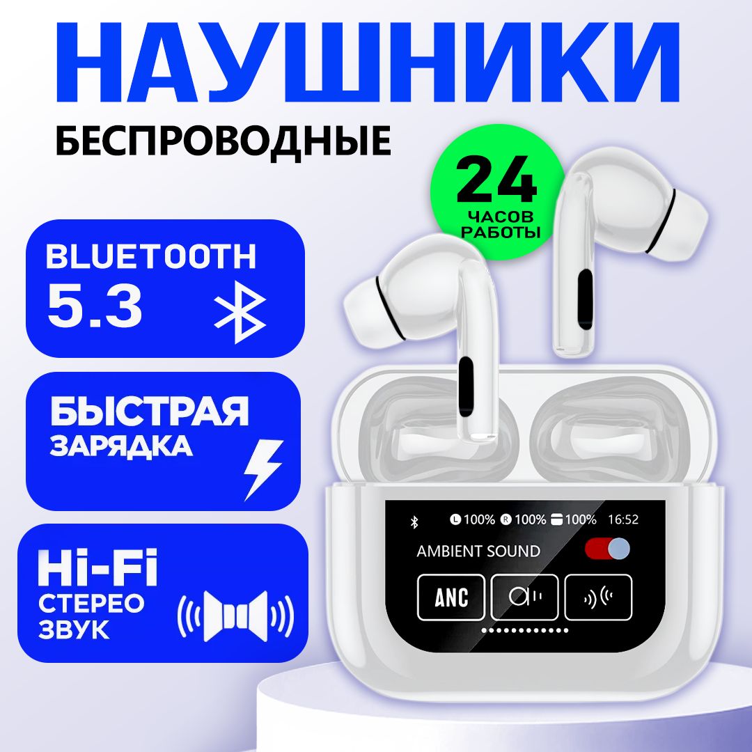 Наушникибеспроводныесмикрофоном,Bluetooth,USBType-C,белый,Наушникисактивнымшумоподавлениемиэкраном