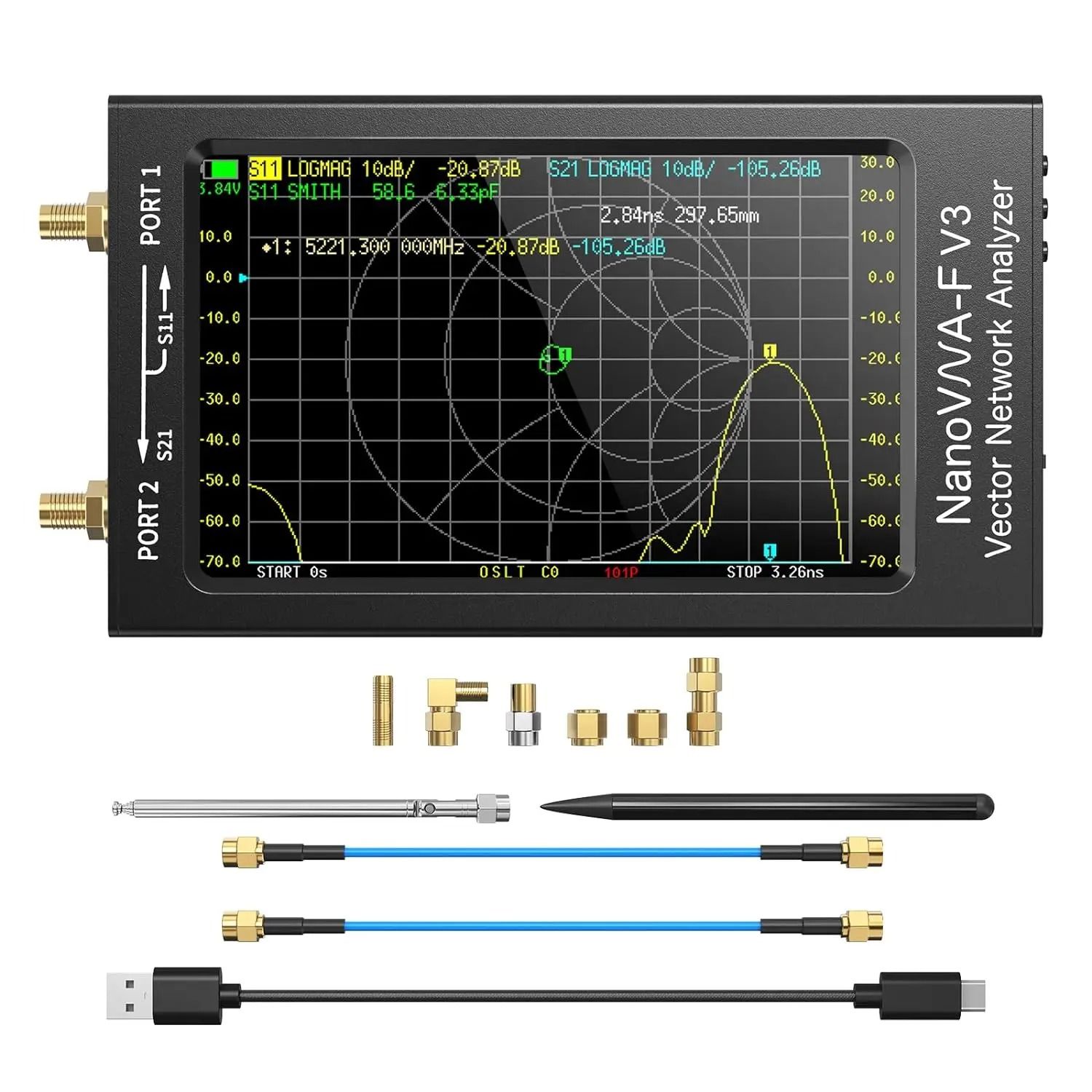 NanoVNA-F V3 Векторный сетевой анализатор 1МГц-6ГГц 4,3-дюймовый ВЧ УКВ UHF VNA Антенный анализатор Измерения S-параметров Напряжение SWR, фаза