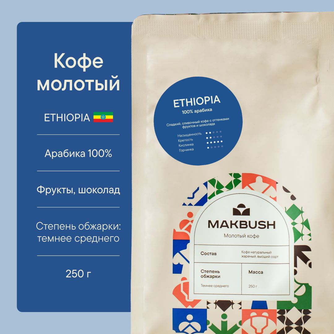 КофемолотыйMakBushETHIOPIA250г,Арабика100%,свежеобжаренный,среднийпомол