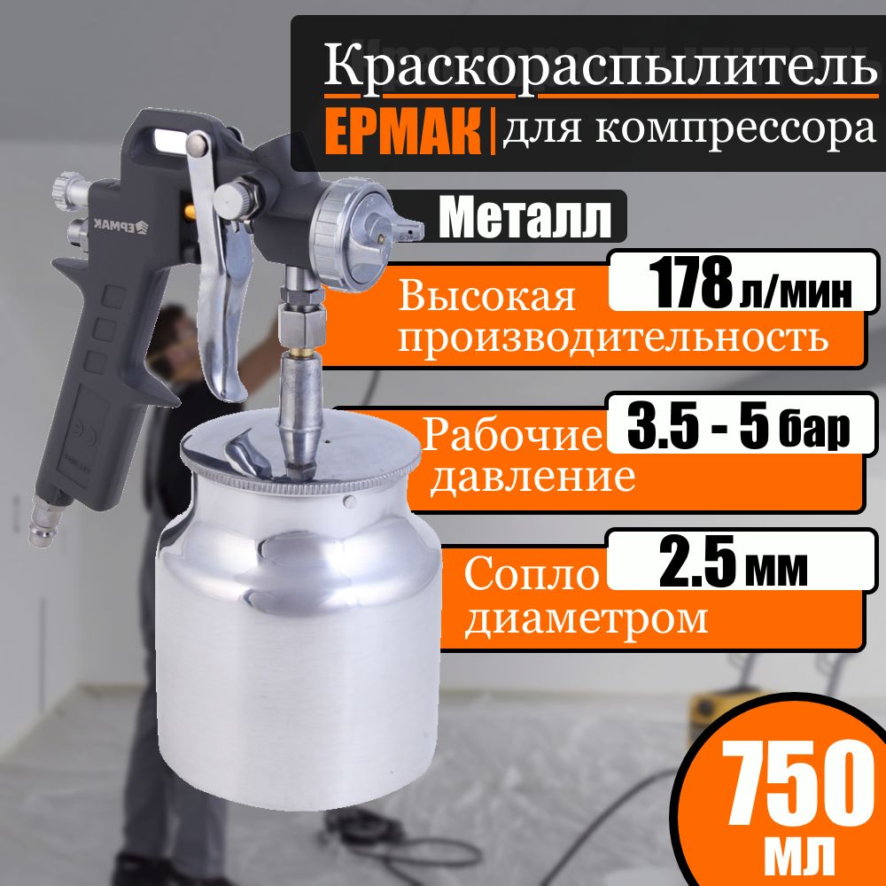 Краскораспылитель0,75лбачокметалл,сопло2.5мм,3,5-5бар,178л/мин,ЕРМАК,пневмокраскораспылительдлякомпрессора