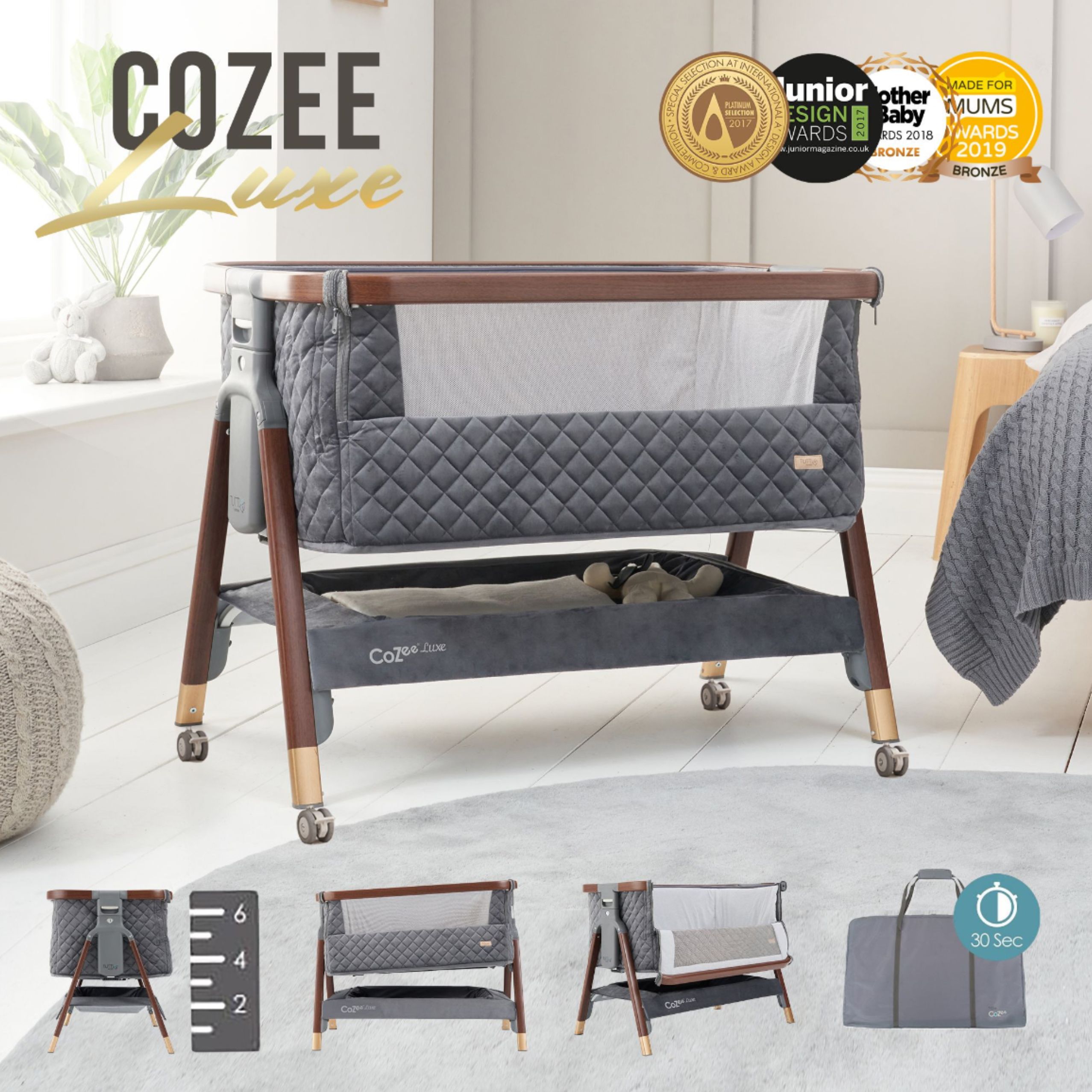 Колыбель приставная Tutti Bambini CoZee Luxe Walnut/Slate с колесами 211208/6581