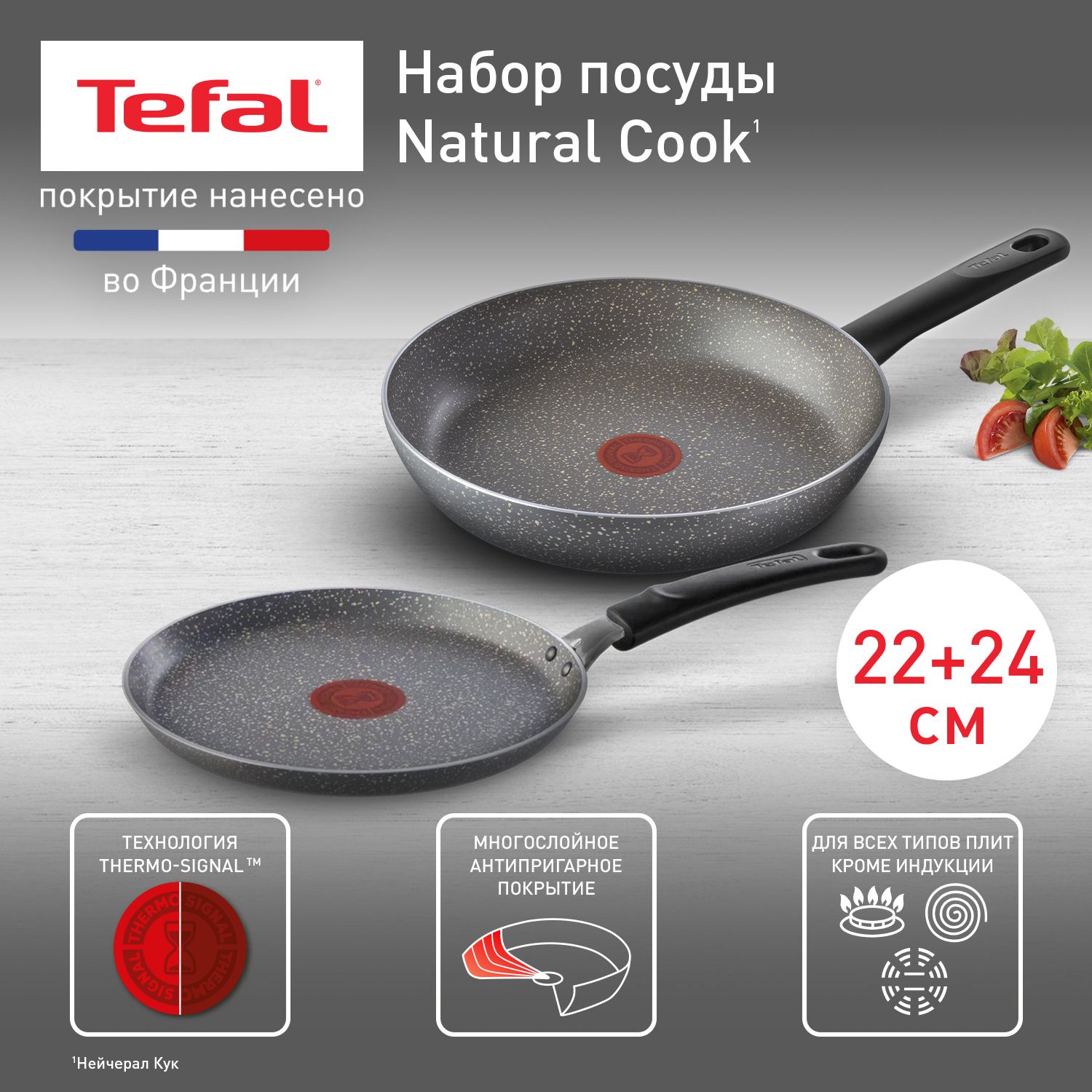 НаборсковородTefalNaturalCook24см,блинная22см,синдикаторомтемпературы,антипригарнымпокрытием,длявсехтиповплит,кромеиндукции