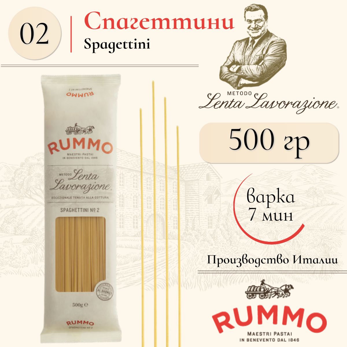 Макароны Спагеттини Rummo № 2 паста из твердых сортов пшеницы 500 гр., Италия