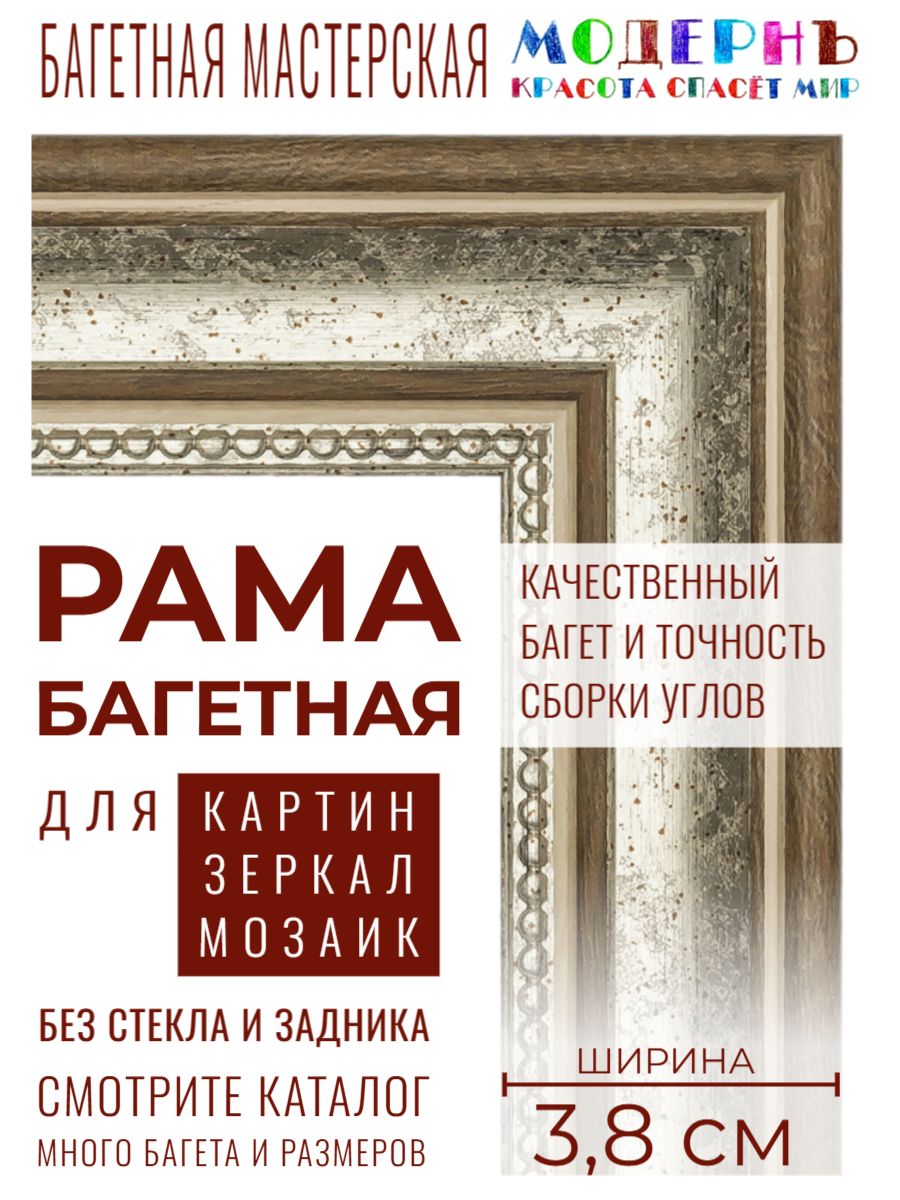 Рама багетная 40х50 для картин, серебряная-коричневая - 3,8 см, классическая, пластиковая, с креплением, 704-28