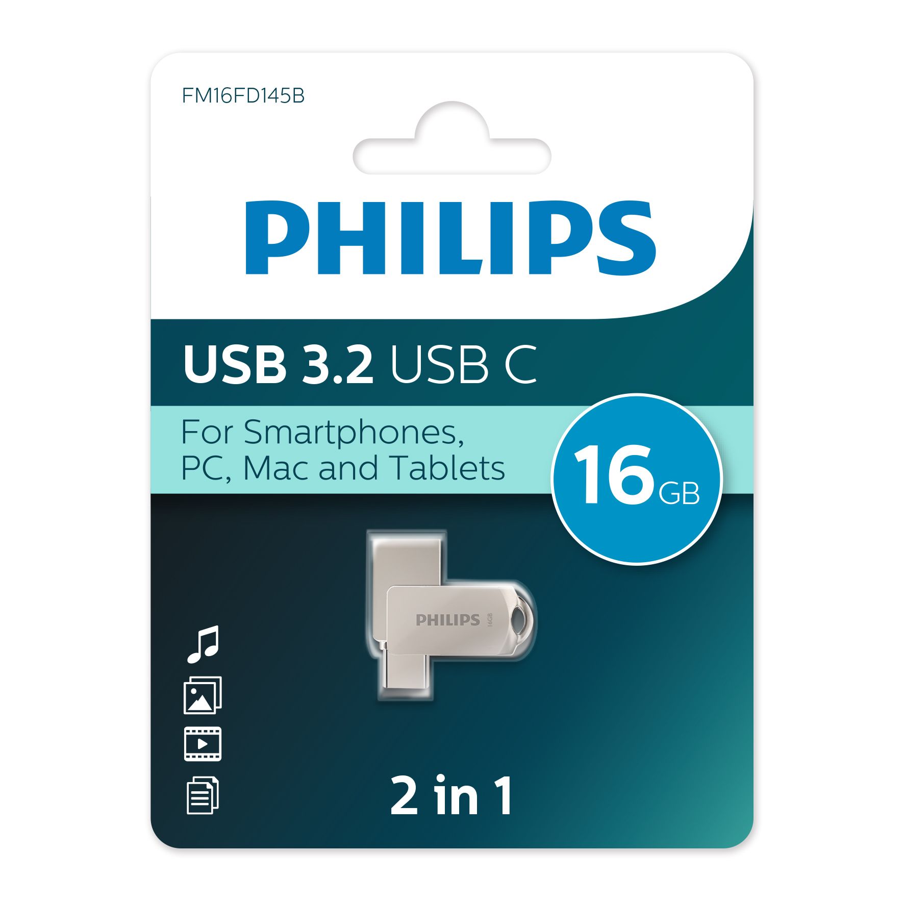 Флешнакопитель16GbPHILIPS2-in-1USB3.2USBC,OTG,USB3.2/Type-C,Металл,100MB/s