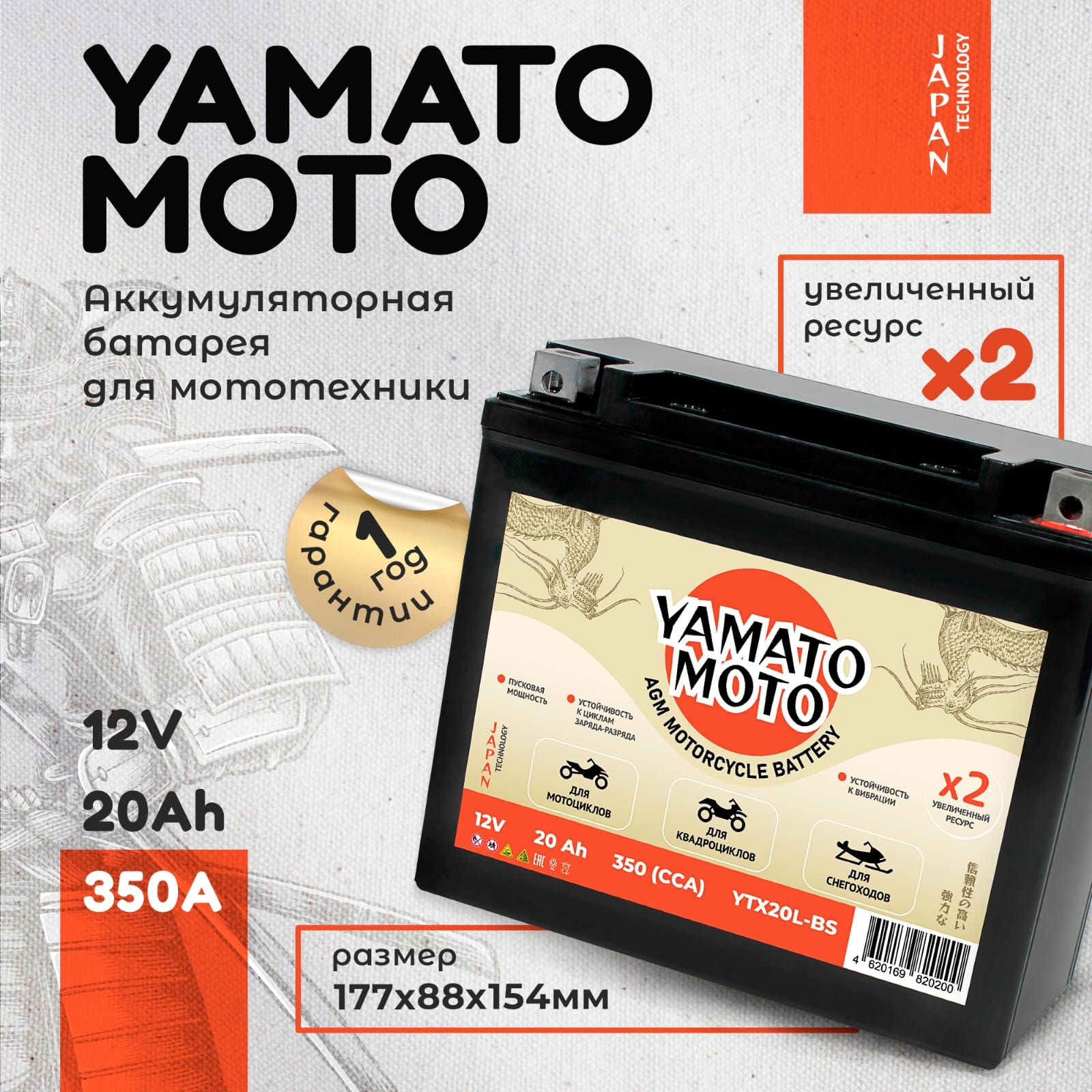 Мото Аккумулятор гелевый YAMATO MOTO 12В 20Ач (YTX20L-BS), для квадроцикла, скутера, мопеда.