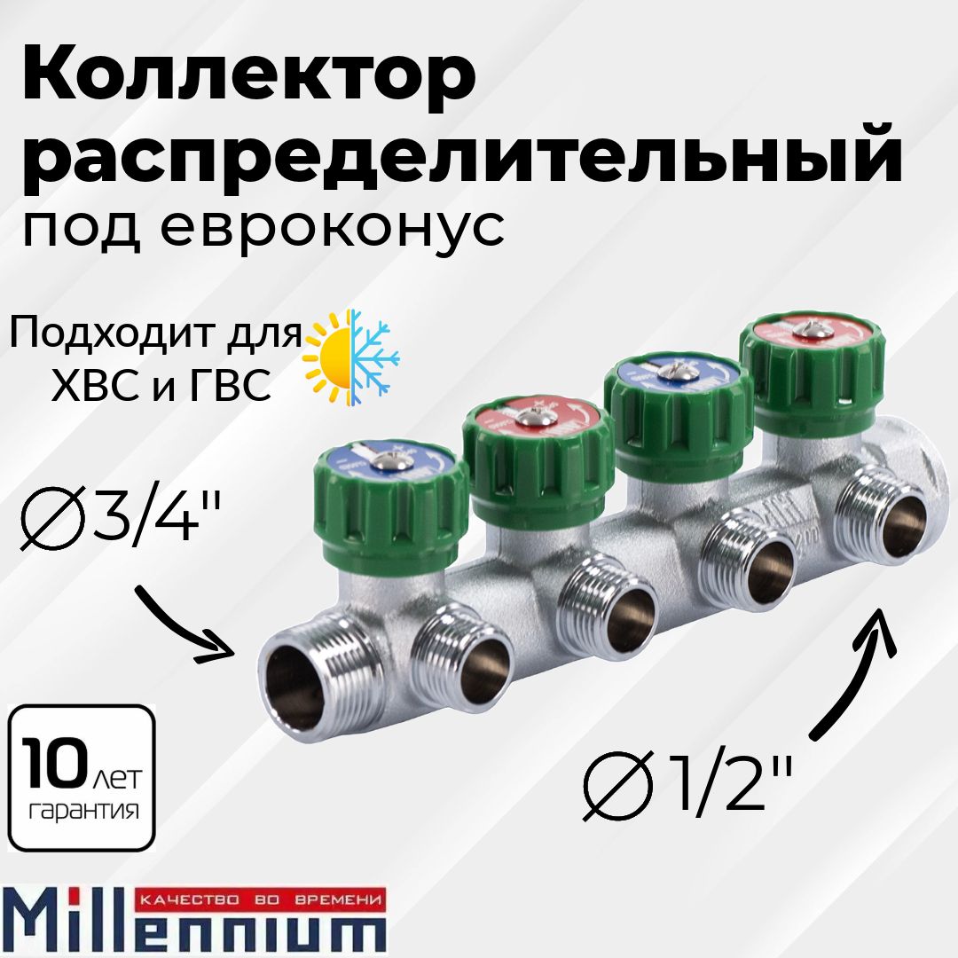 Коллектор регулирующий проходной 3/4" ВР с 4 отводами на 1/2" НР евроконус 1 штука