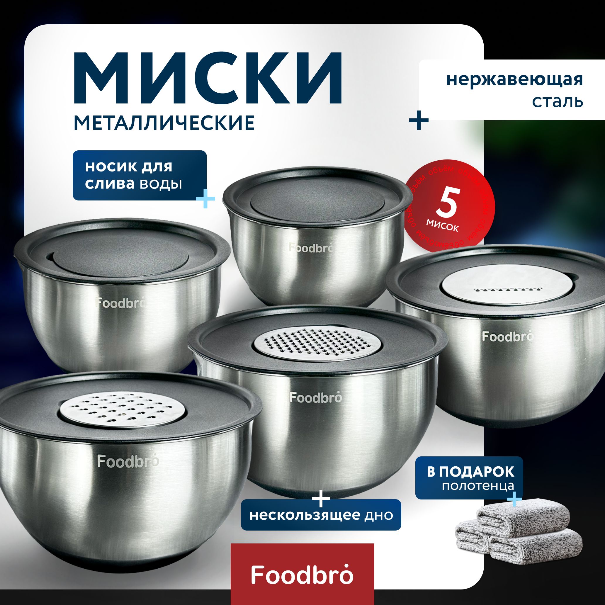 Набор металлических мисок с крышками 5 шт, черные