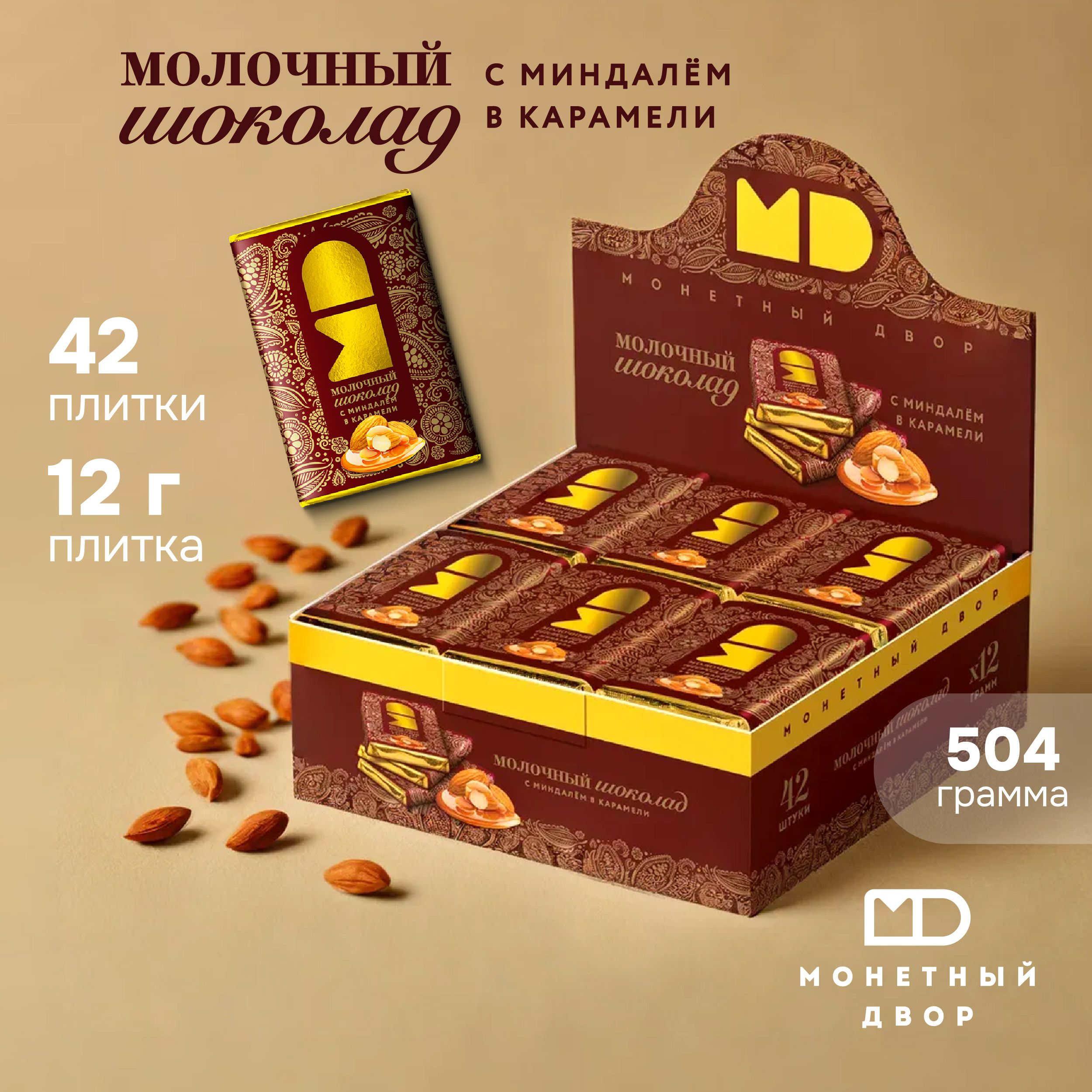 Шоколад молочный Монетный двор с миндалем и карамелью, 42 плитки по 12 гр.