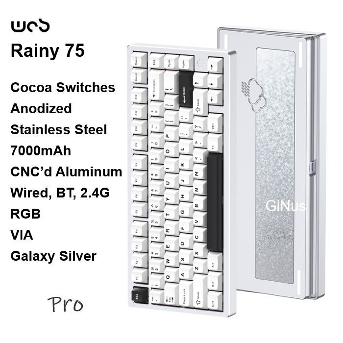 WOBИгроваяклавиатурабеспроводнаяRainy75Pro,GalaxySilver,RGB,CocoaSwitches,Anodized,Английскаяраскладка,светло-серый