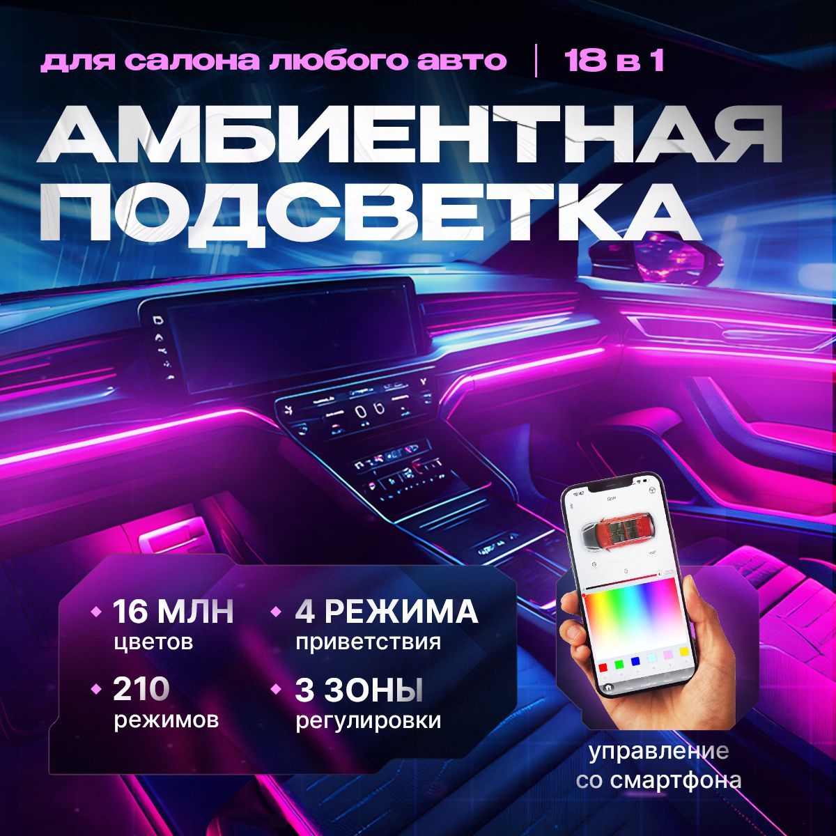 Комплект подсветки для автомобиля ARGB, светодиодная, контурная, универсальная с динамическим режимом с управлением через телефон / 18 в 1, 210 режимов