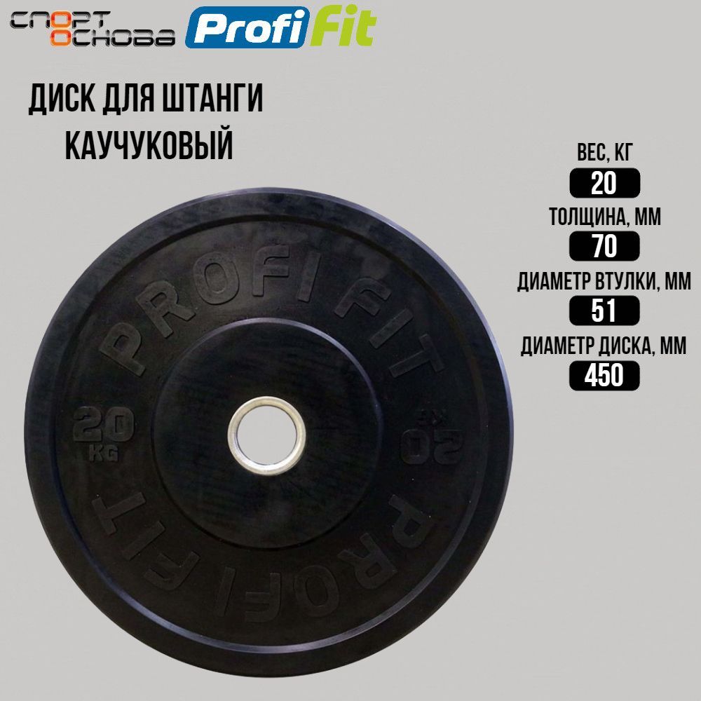 Диск для штанги каучуковый, черный D51 мм PROFI-FIT 20 кг