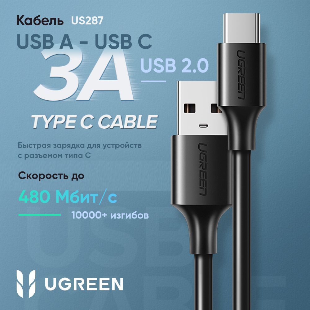 КабельUGREENUS287(60116)USB-A2.0toUSB-CCableNickelPlating.Длина1м.Цвет:черный