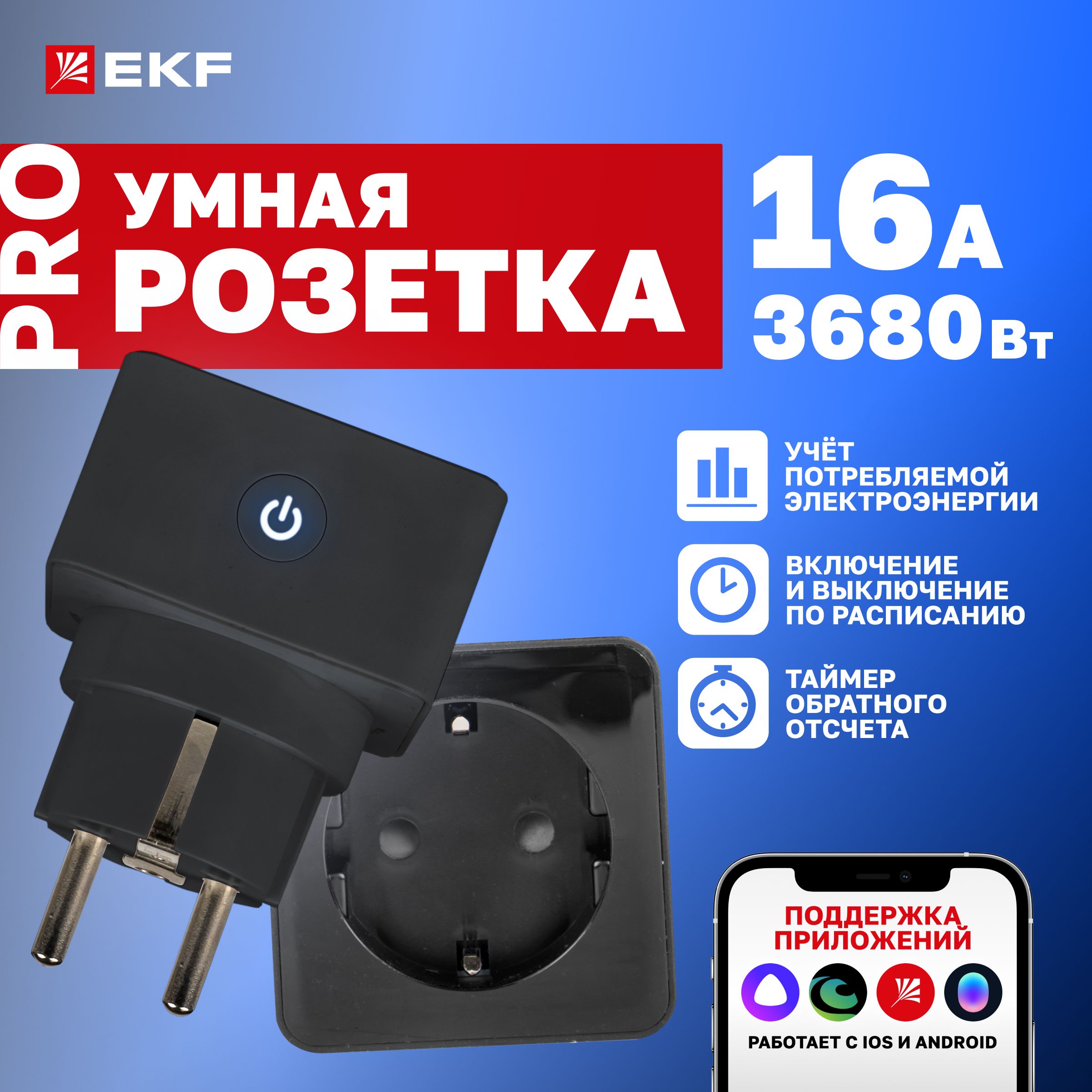 Умная розетка EKF Сonnect PRO с Wi-Fi, Яндекс Алисой, Марусей, Салютом с контролем энерогопотребления