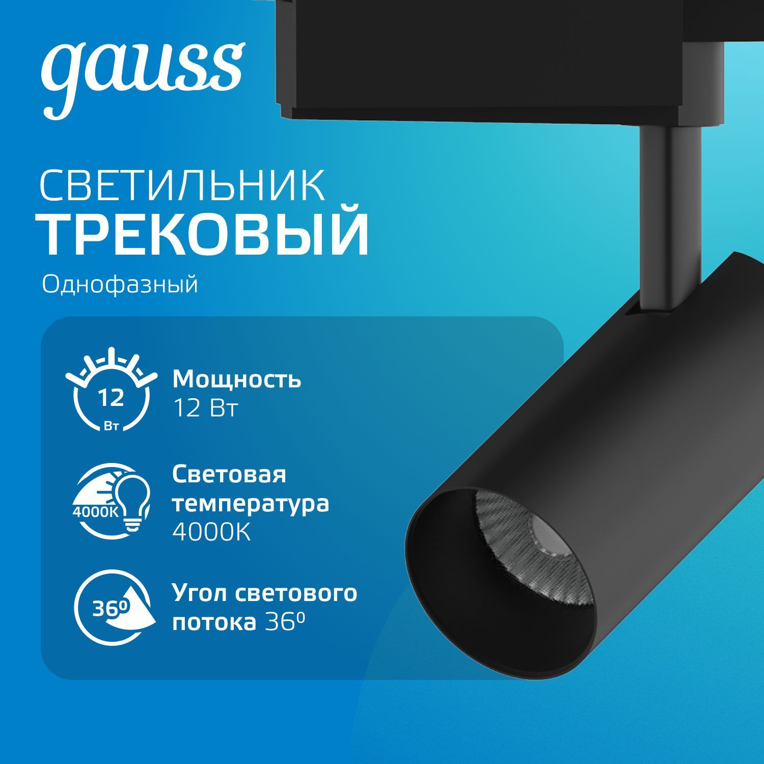 Светильник трековый 12W 4000K 220V цилиндр черный линза 36 град Gauss