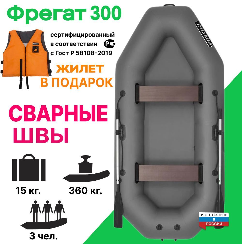 Лодка ПВХ гребная под мотор Фрегат М-5 Оптима Лайт, 300 см, Сварные швы, серая