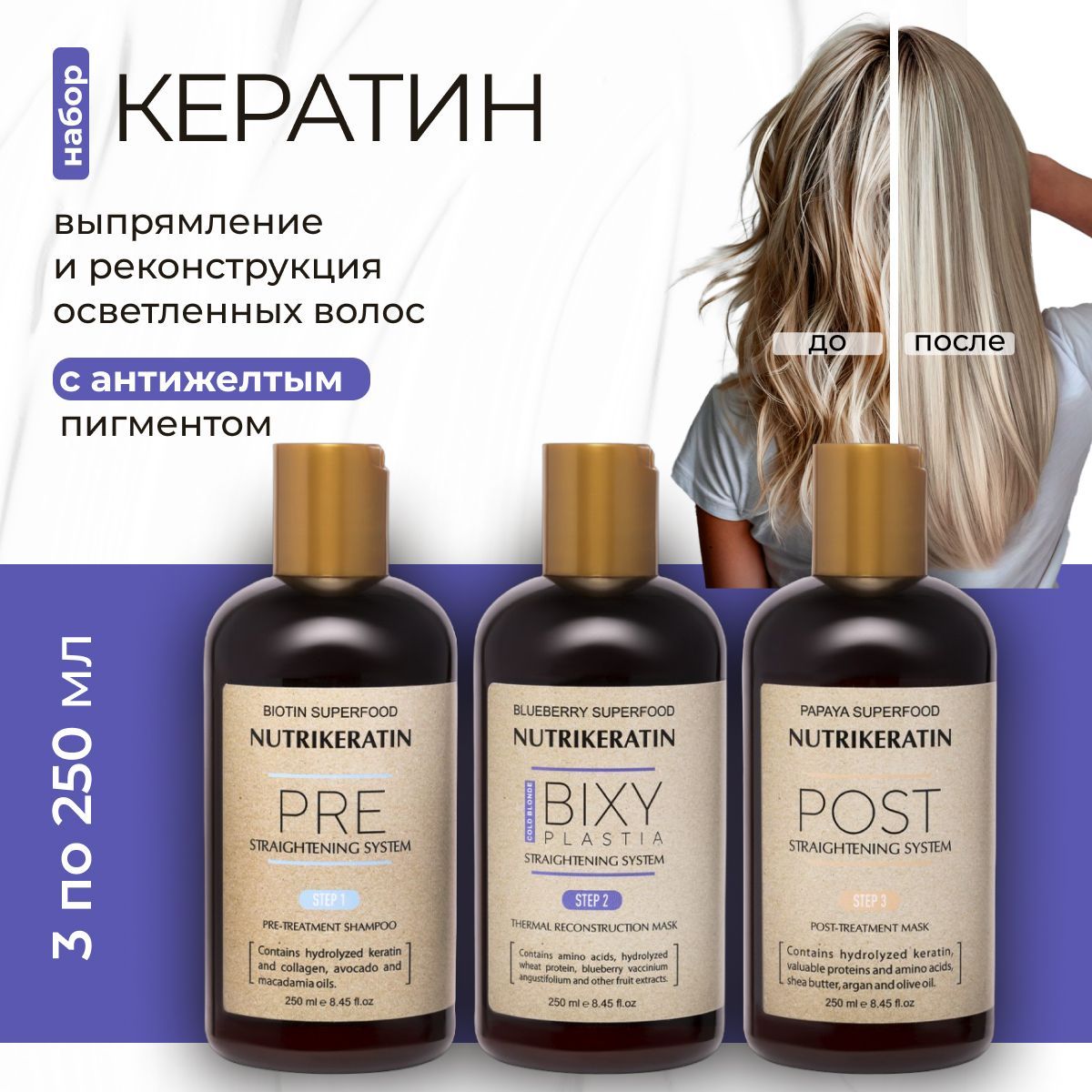 Кератин для волос выпрямление профессиональный набор биксипластии Nutrikeratin BIXYPLASTIA, 3 по 250 мл