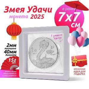 Монета "Змея удачи и богатства 2025" в кейсе и рамке 7х7см (Серебро, диаметр 40мм, вес 15г)