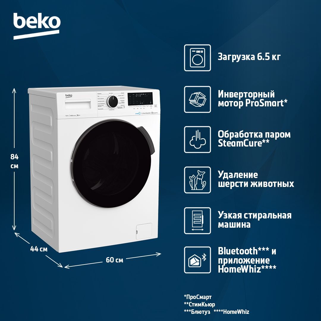 Узкая стиральная машина Beko WSPE6H616W, 6.5 кг, белый