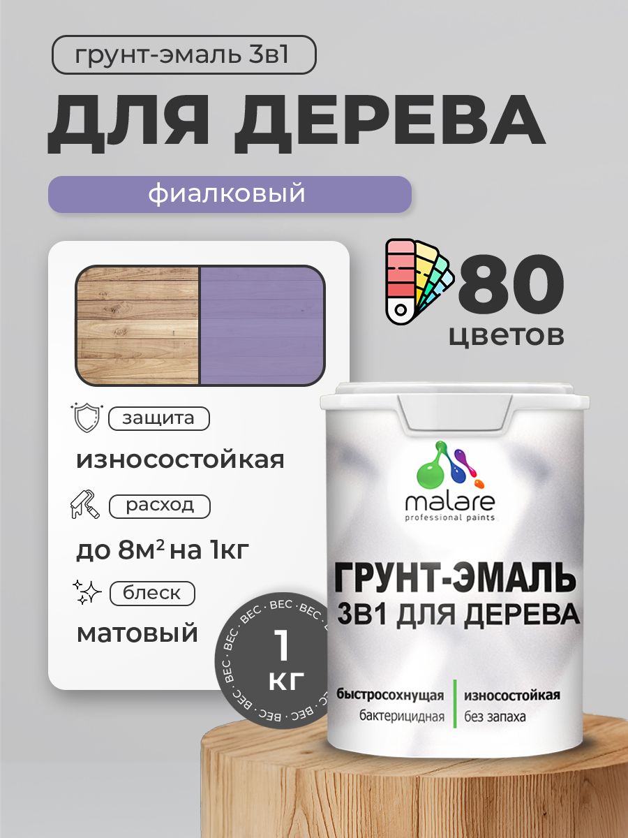 Акриловая Грунт-Эмаль 3 в 1 Malare для деревянных поверхностей с антисептическим эффектом, быстросохнущая, моющаяся без запаха матовая, фиалковый, 1 кг