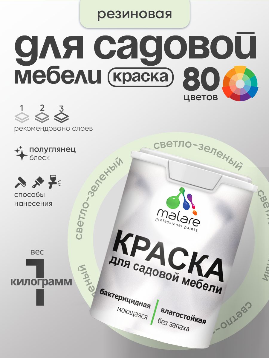 Резиновая краска Malare для садовой мебели/ по дереву, для наружных и внутренних работ/ быстросохнущая моющаяся без запаха полуглянцевая, светло-зеленый, 1 кг