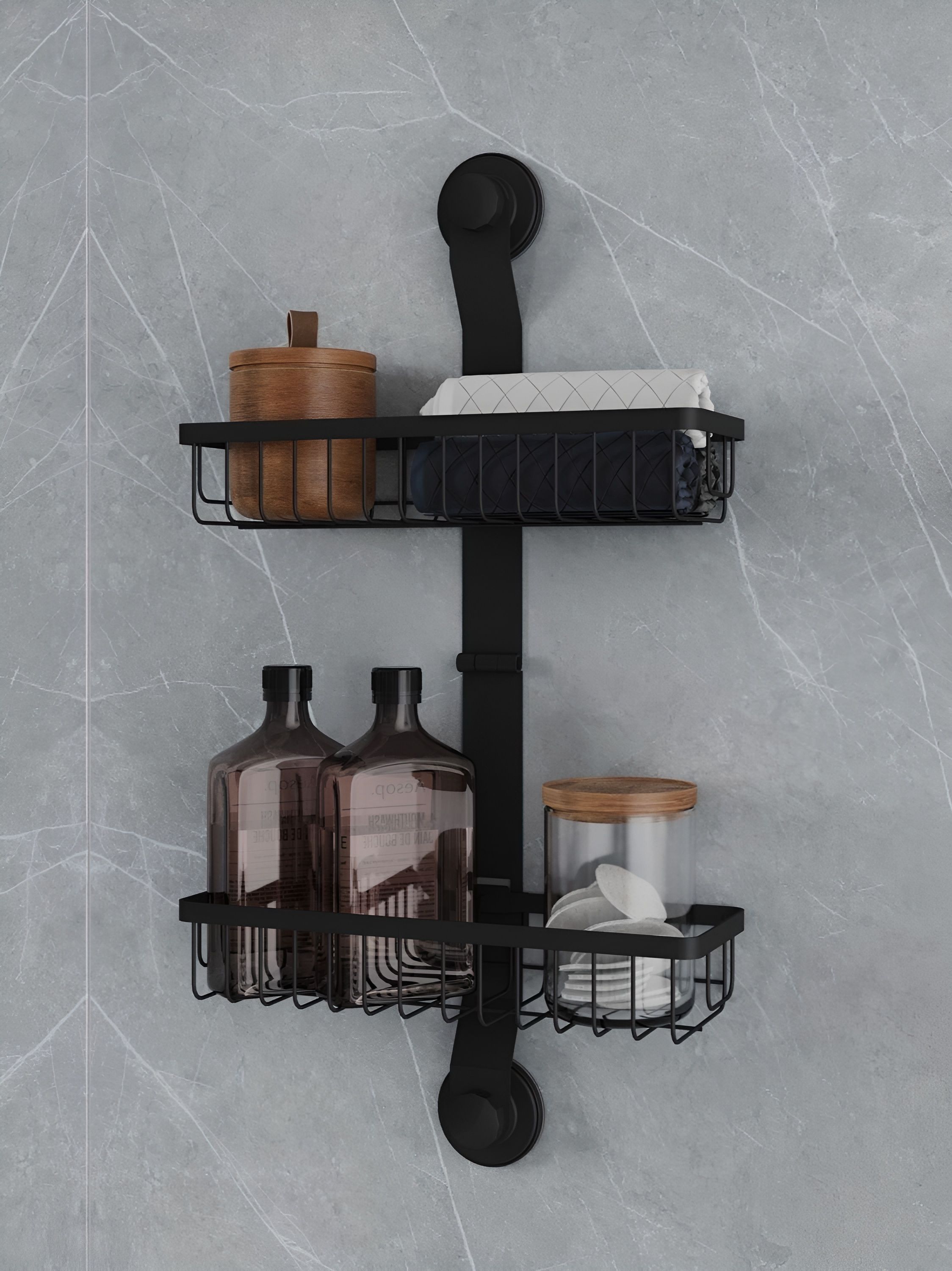 Фото товара на маркетплейсе ozon Полка для ванной настенная самоклеющаяся, двухъярусная, прямая, черный матовый, Milardo, Easy, EAS0WS2M44