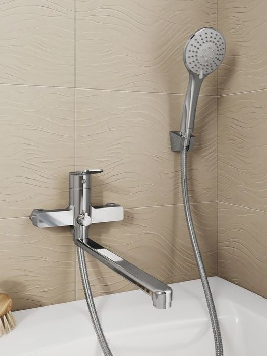Фото товара на маркетплейсе ozon Смеситель для ванны с душем, длинный излив, глянцевый хром, Milardo, Demi, DEMSB00M10