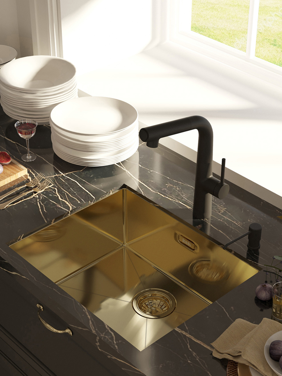 Фото товара на маркетплейсе ozon Мойка для кухни IDDIS, врезная или подстольная (универсальный монтаж), 54х44х20 см, нержавеющая сталь, без крыла, цвет матовое золото, Edifice, EDI54B0i77