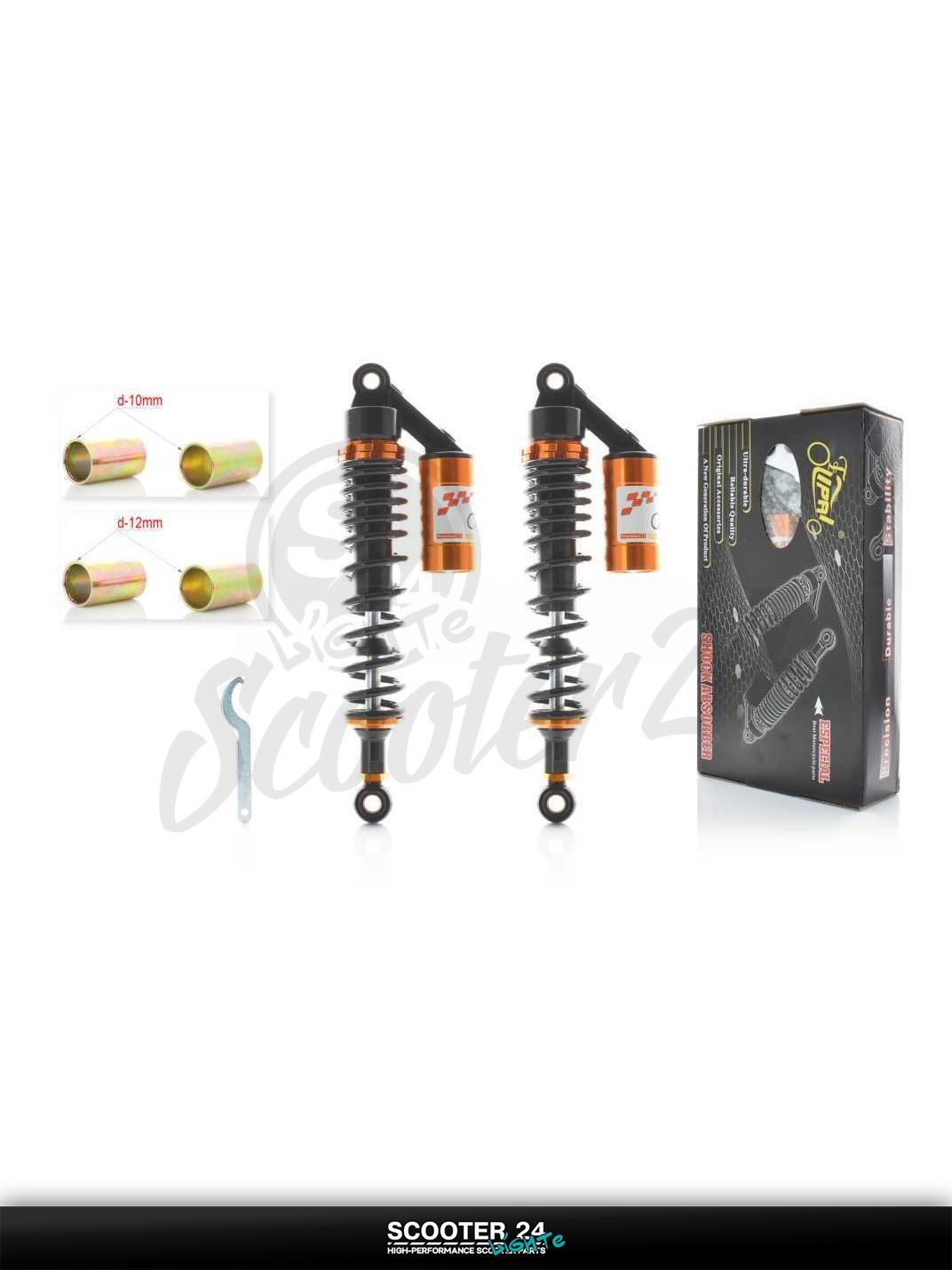 Амортизаторы задние на мопед и мотоцикл Delta 50-110 кубов / Альфа Дельта с двигателем 139FMA и 147FMH 330 мм газомаслянные, с подкачкой "LIPAI" (черно-золотистые)