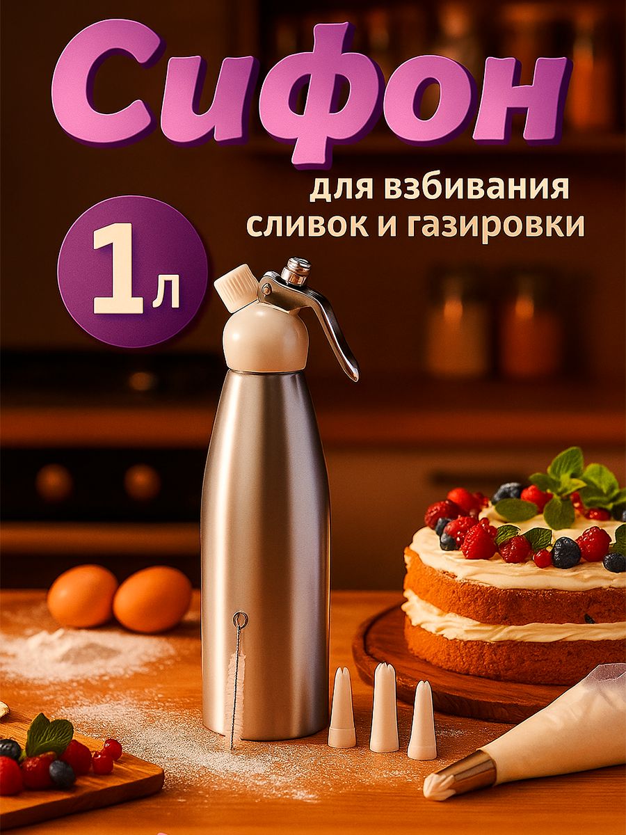 Сифон для газирования воды, кремер, 1 л, 3 насадки, алюминий, серебристый