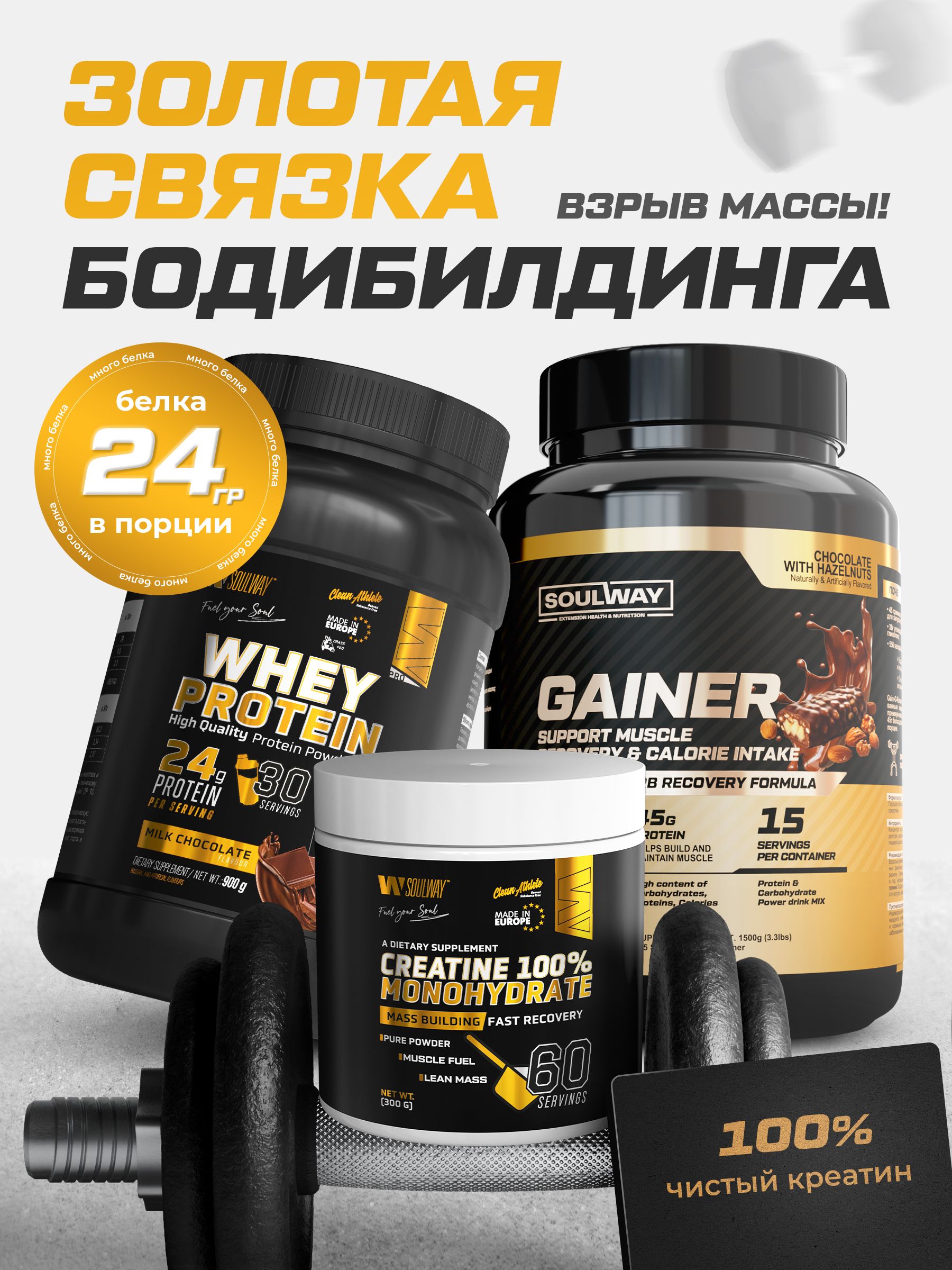 Протеин сывороточный 900г, Гейнер для набора массы Шоколад и Лесной орех1500г и Креатин моногидрат 60 порций, комплекс для роста мышц