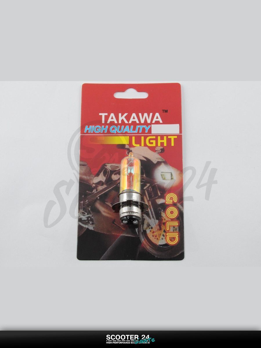 Лампа фары P15D-25-3 (3 уса) 12V 18W/18W для мототехники универсальная (хамелеон розовый) (блистер) "TAKAWA" (mod:A)