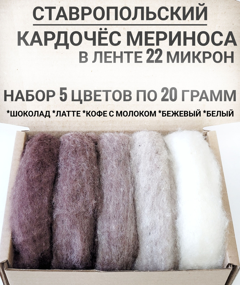 Шерсть для валяния кардочес, набор 5 цветов по 20 грамм, тонкая мериносовая шерсть  #1