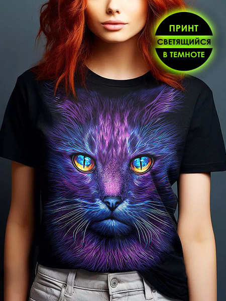 Футболка Женский RoMaxTex Кот черный, черный матовый Короткий, размер ...