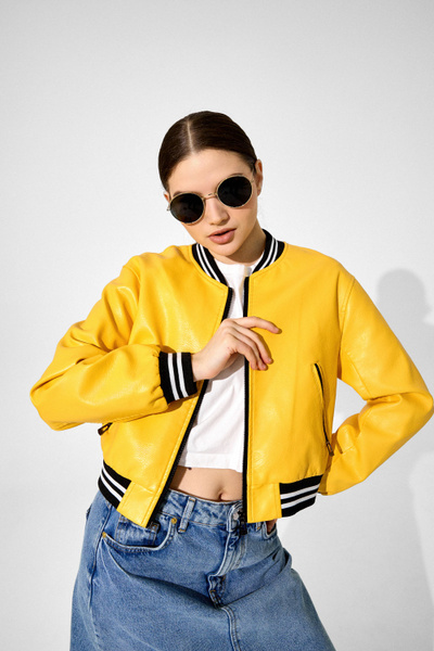 Куртка кожаная Женский WinterShop Карманы желтый Искусственная кожа ...