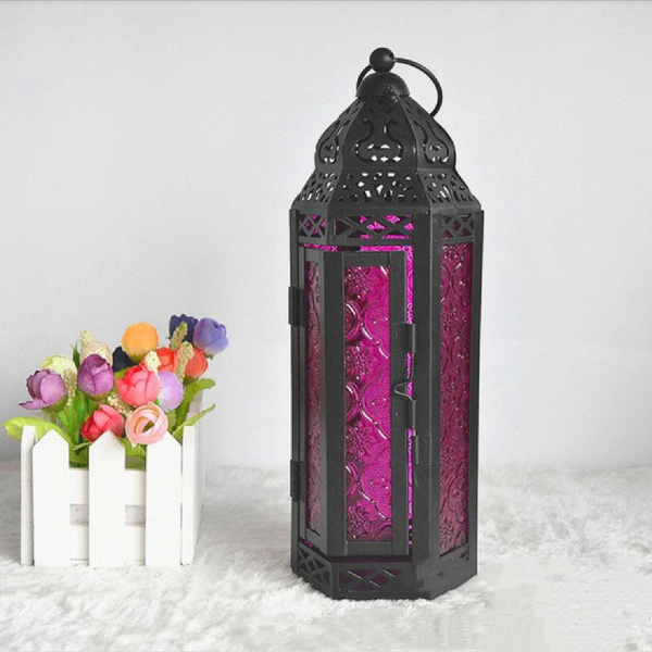 2X Ретро железный фонарь-свеча, портативный марокканский витражный ...