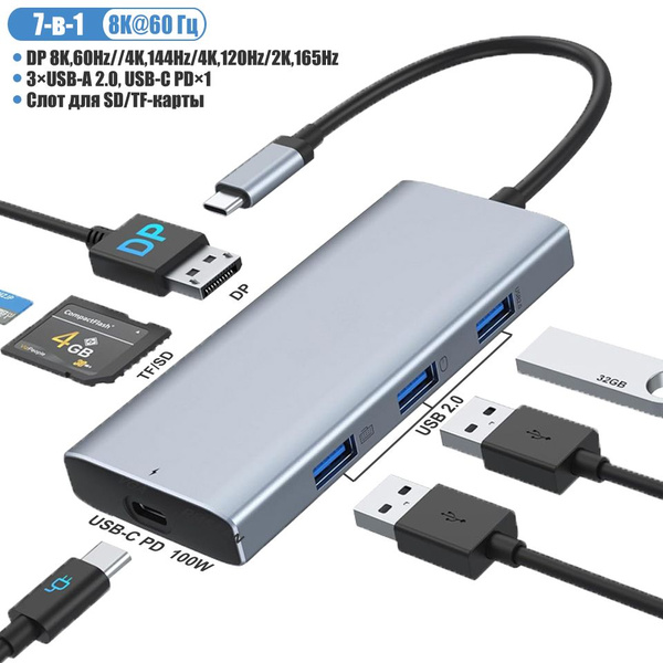Характеристики Адаптер USB C DisplayPort 7 в 1 DP 8K 60 Гц 4K 144 2K ...