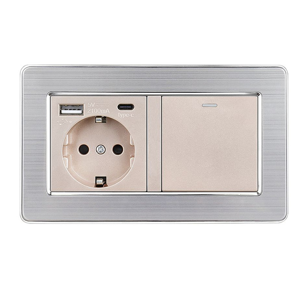 Выключатель механический с розеткой, 1 розетки 2 USB ( Type-C и Type-A ...