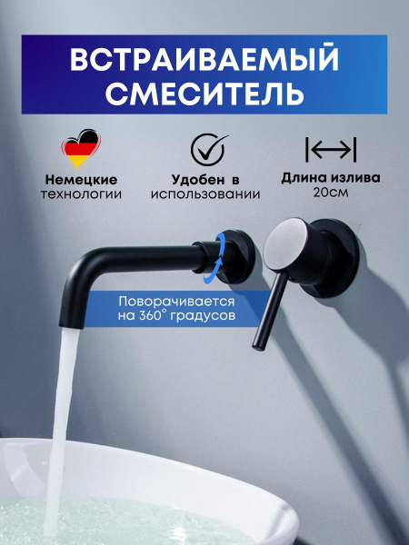 Смеситель для раковины StreamLine черный матовый, кран скрытого монтажа ...