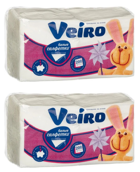 Veiro Салфетки бумажные, белые, 1-слойные, 24 см, 200 шт/уп, 2 уп ...