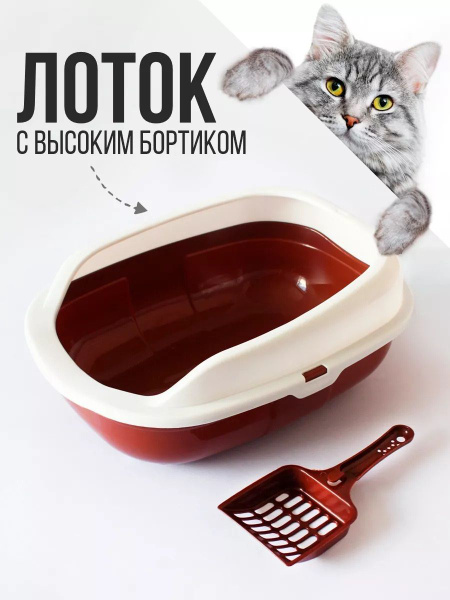 Лоток для кошек с высоким бортиком средний, кошачий лоток с совком ...