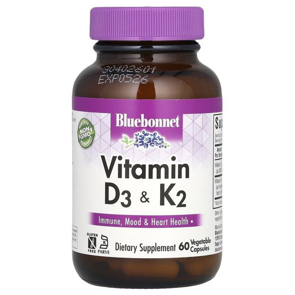 Bluebonnet Nutrition, витамины D3 и K2, 60 вегетарианских капсул ...