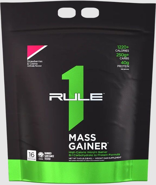 Rule One MASS GAINER, Высококалорийный гейнер, 5,2 кг (Клубника крем ...