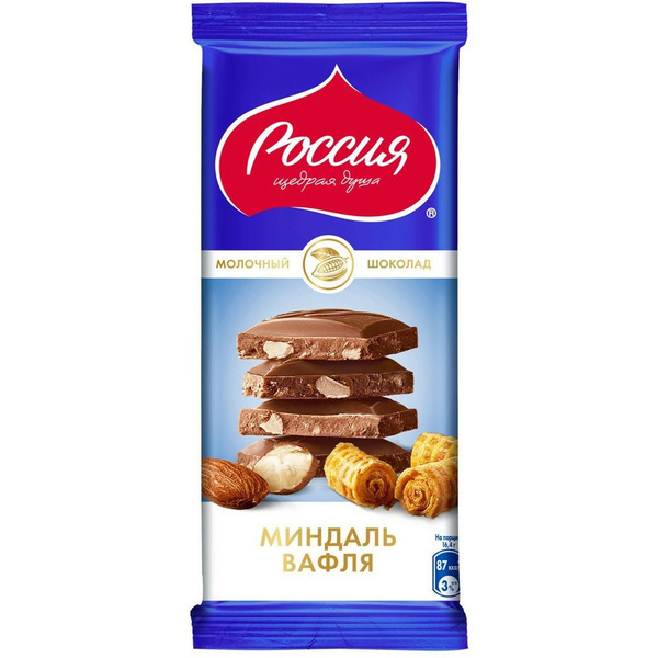 Шоколад Россия - щедрая душа! молочный с миндалем и вафлей 82 г купить ...
