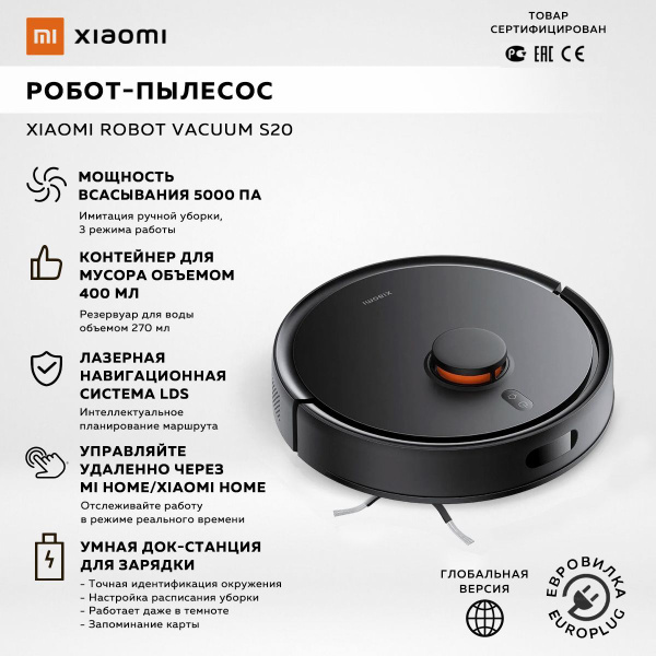 Моющий робот-пылесос Xiaomi Robot Vacuum S20, черный (работает с Алисой ...